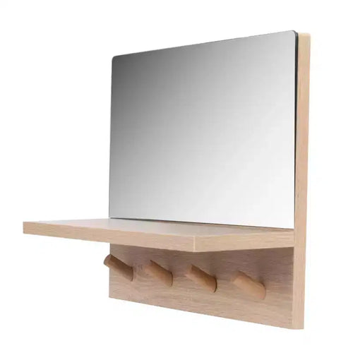 Specchio decorativo Alva da 40 cm con mensola e 4 pomelli appendiabiti: rettangolare moderno, senza montaggio, cornice in legno, da parete