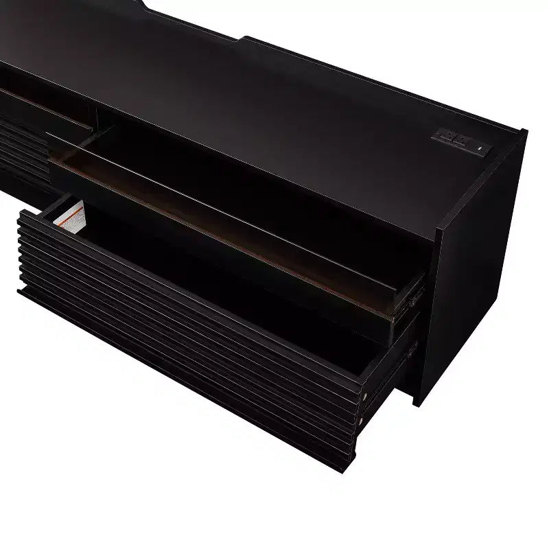 Mobile TV moderno, console TV, mobile multimediale con 4 cassetti, porte di ricarica e illuminazione LED ambientale, naturale/noce/nero