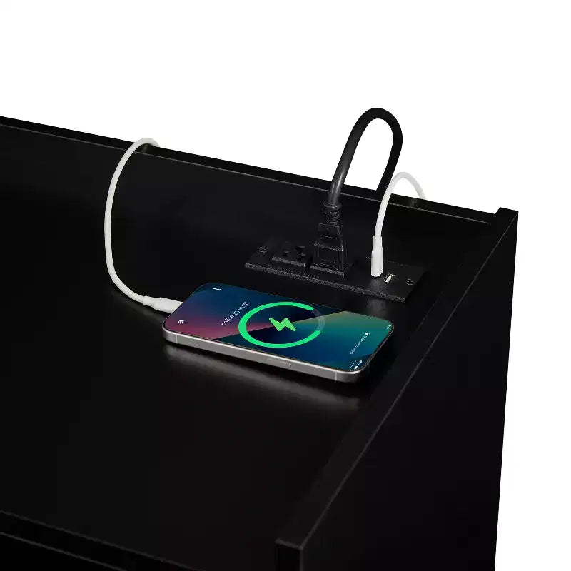 Mobile TV moderno, console TV, mobile multimediale con 4 cassetti, porte di ricarica e illuminazione LED ambientale, naturale/noce/nero