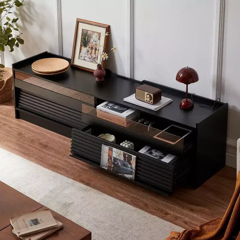 Mobile TV moderno, console TV, mobile multimediale con 4 cassetti, porte di ricarica e illuminazione LED ambientale, naturale/noce/nero