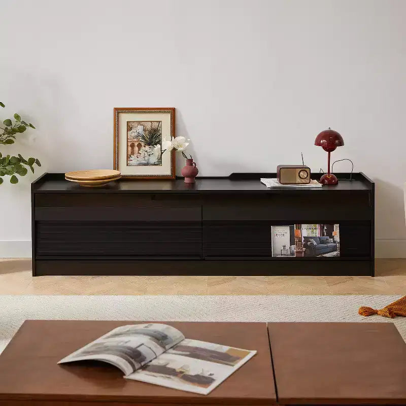 Mobile TV moderno, console TV, mobile multimediale con 4 cassetti, porte di ricarica e illuminazione LED ambientale, naturale/noce/nero
