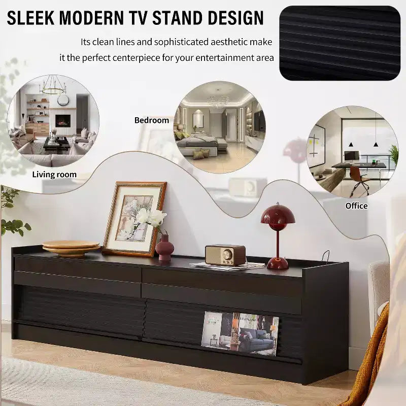 Mobile TV moderno, console TV, mobile multimediale con 4 cassetti, porte di ricarica e illuminazione LED ambientale, naturale/noce/nero