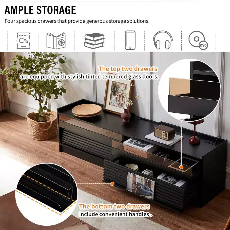 Mobile TV moderno, console TV, mobile multimediale con 4 cassetti, porte di ricarica e illuminazione LED ambientale, naturale/noce/nero