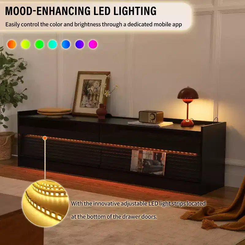 Mobile TV moderno, console TV, mobile multimediale con 4 cassetti, porte di ricarica e illuminazione LED ambientale, naturale/noce/nero
