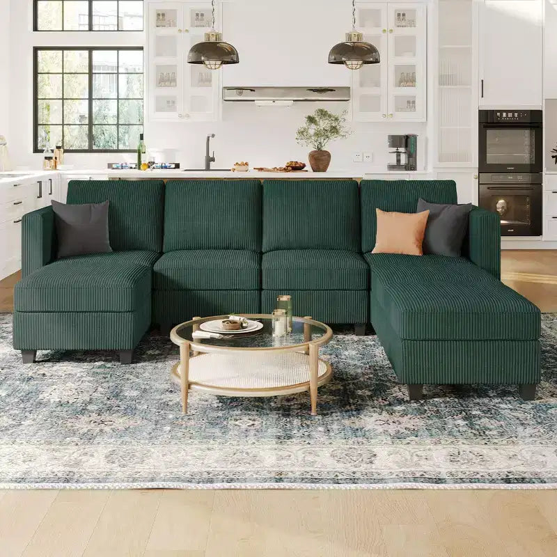 Divano Sezionale Modulare con Pouf Contenitore Divano Sezionale a U in Velluto a Coste con Chaise Longue Divano Sezionale Moderno Convertibile