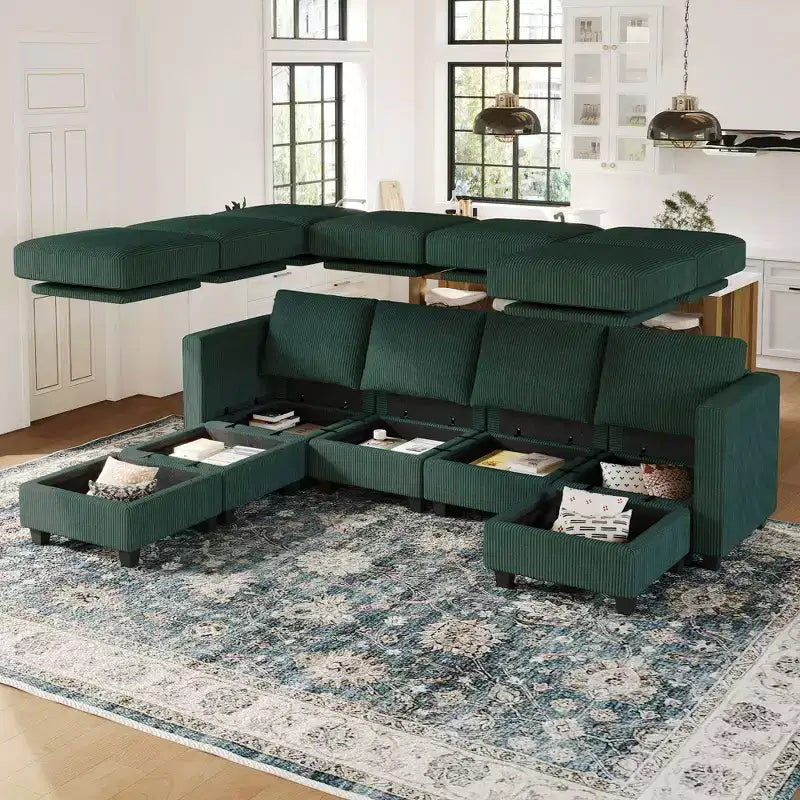 Divano Sezionale Modulare con Pouf Contenitore Divano Sezionale a U in Velluto a Coste con Chaise Longue Divano Sezionale Moderno Convertibile