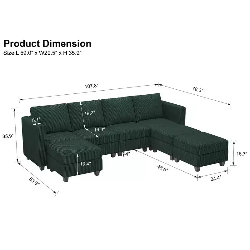 Divano Sezionale Modulare con Pouf Contenitore Divano Sezionale a U in Velluto a Coste con Chaise Longue Divano Sezionale Moderno Convertibile