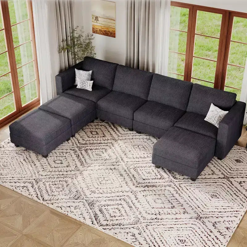 Divano Sezionale Modulare con Pouf Contenitore Divano Sezionale a U in Velluto a Coste con Chaise Longue Divano Sezionale Moderno Convertibile