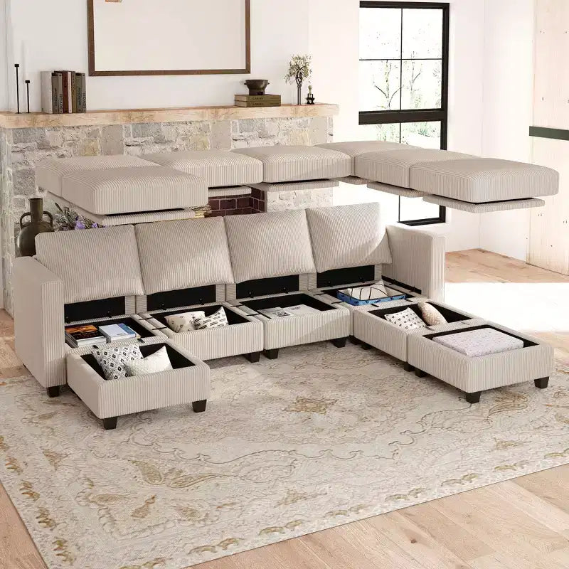 Divano Sezionale Modulare con Pouf Contenitore Divano Sezionale a U in Velluto a Coste con Chaise Longue Divano Sezionale Moderno Convertibile