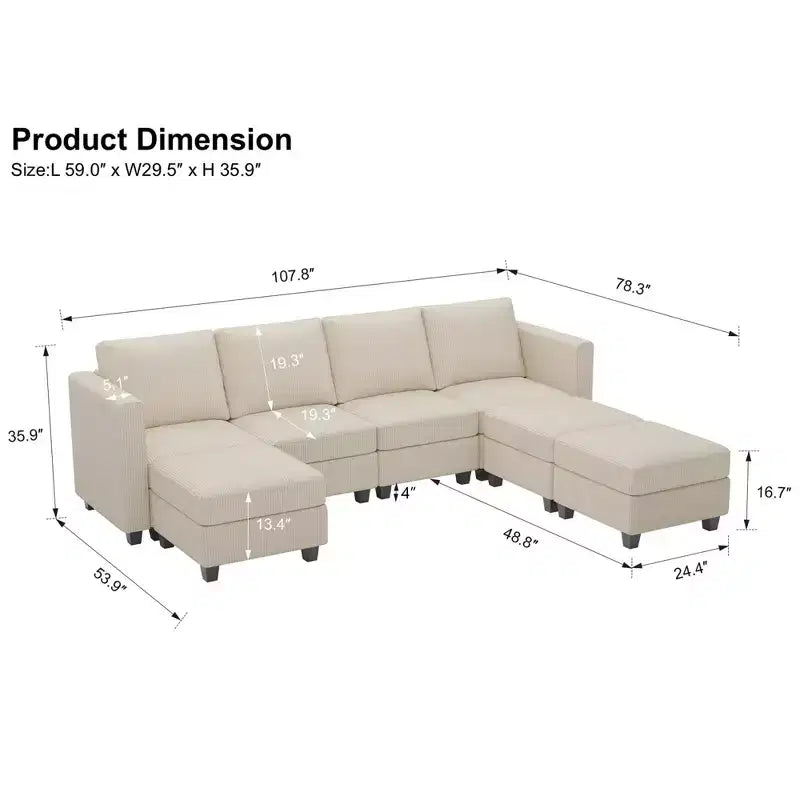 Divano Sezionale Modulare con Pouf Contenitore Divano Sezionale a U in Velluto a Coste con Chaise Longue Divano Sezionale Moderno Convertibile