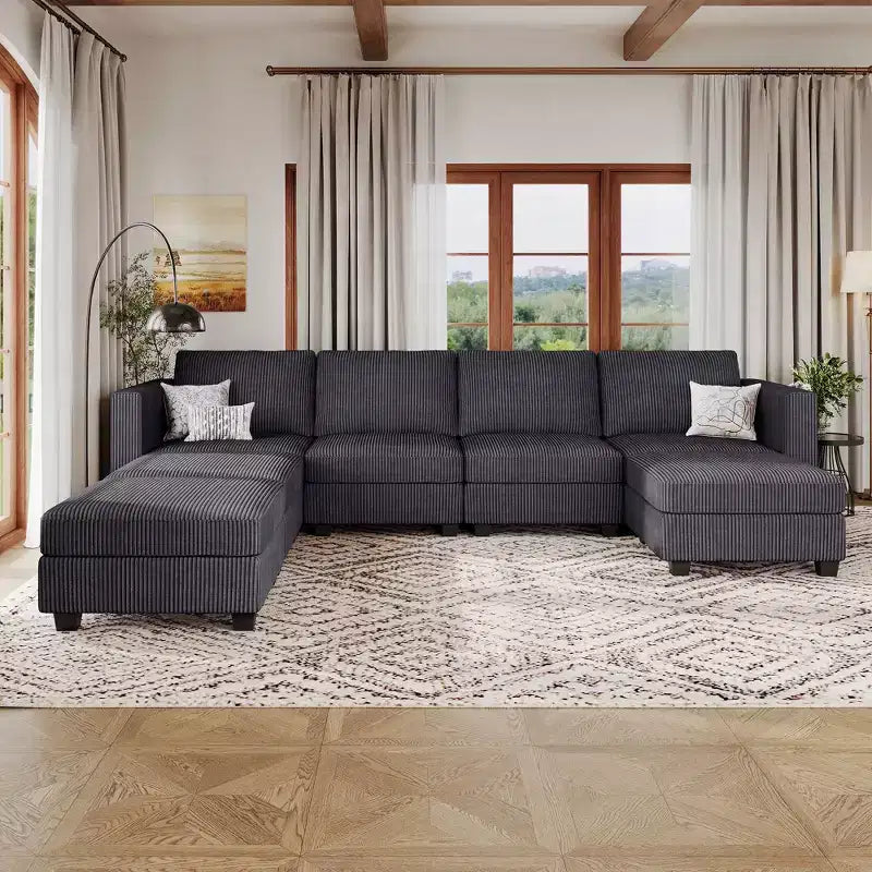 Divano Sezionale Modulare con Pouf Contenitore Divano Sezionale a U in Velluto a Coste con Chaise Longue Divano Sezionale Moderno Convertibile