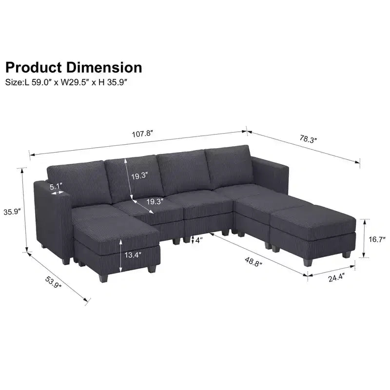 Divano Sezionale Modulare con Pouf Contenitore Divano Sezionale a U in Velluto a Coste con Chaise Longue Divano Sezionale Moderno Convertibile