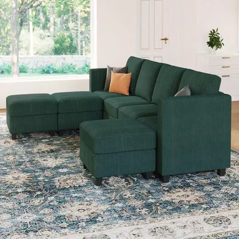 Divano Sezionale Modulare con Pouf Contenitore Divano Sezionale a U in Velluto a Coste con Chaise Longue Divano Sezionale Moderno Convertibile