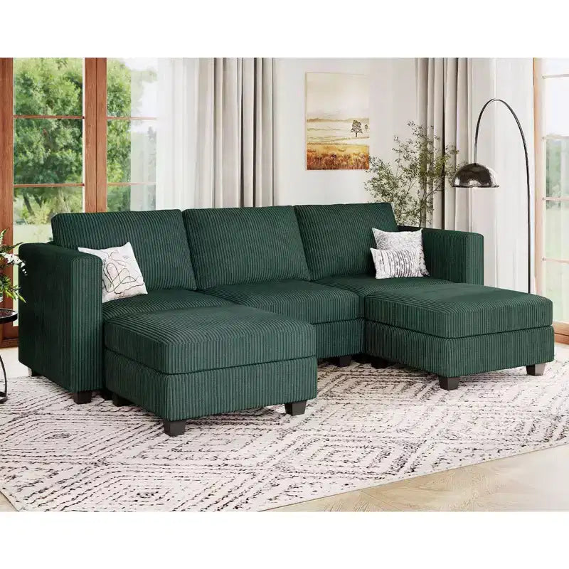 Divano Letto Sezionale Modulare con Pouf Contenitore, Divano Sezionale di Lusso in Velluto a Coste con Chaise Lunga, Divano Sezionale Moderno Convertibile per Soggiorno