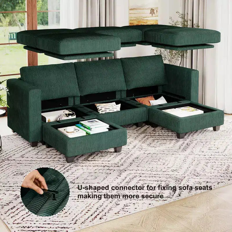 Divano Letto Sezionale Modulare con Pouf Contenitore, Divano Sezionale di Lusso in Velluto a Coste con Chaise Lunga, Divano Sezionale Moderno Convertibile per Soggiorno