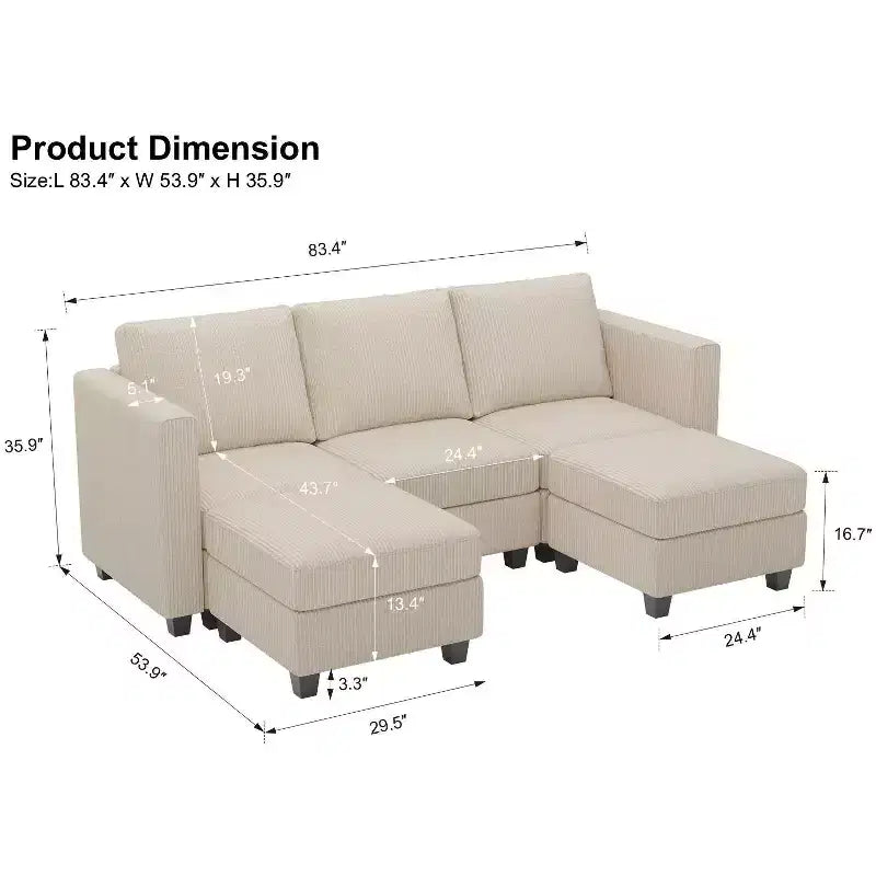 Divano Letto Sezionale Modulare con Pouf Contenitore, Divano Sezionale di Lusso in Velluto a Coste con Chaise Lunga, Divano Sezionale Moderno Convertibile per Soggiorno