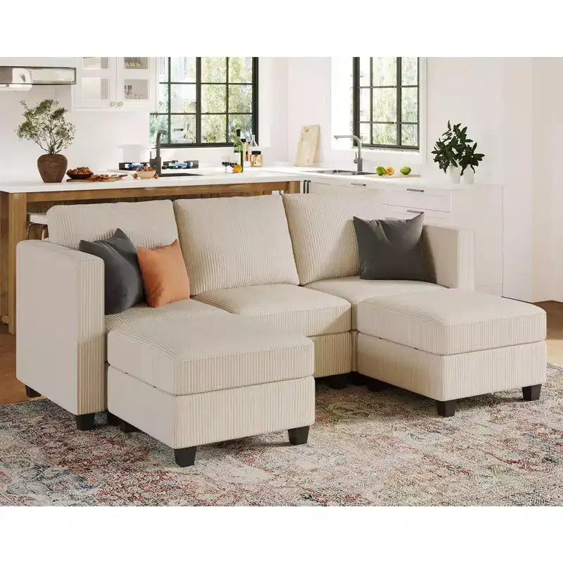 Divano Letto Sezionale Modulare con Pouf Contenitore, Divano Sezionale di Lusso in Velluto a Coste con Chaise Lunga, Divano Sezionale Moderno Convertibile per Soggiorno