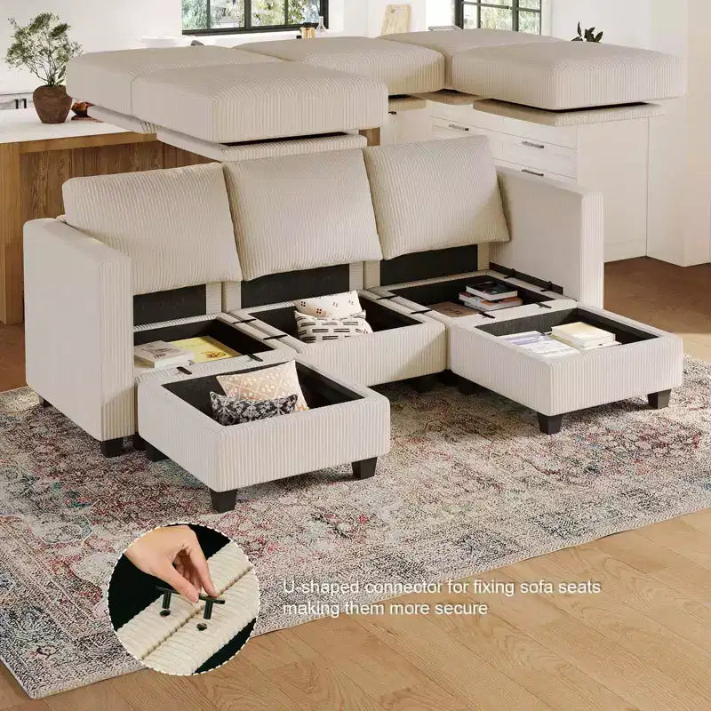 Divano Letto Sezionale Modulare con Pouf Contenitore, Divano Sezionale di Lusso in Velluto a Coste con Chaise Lunga, Divano Sezionale Moderno Convertibile per Soggiorno