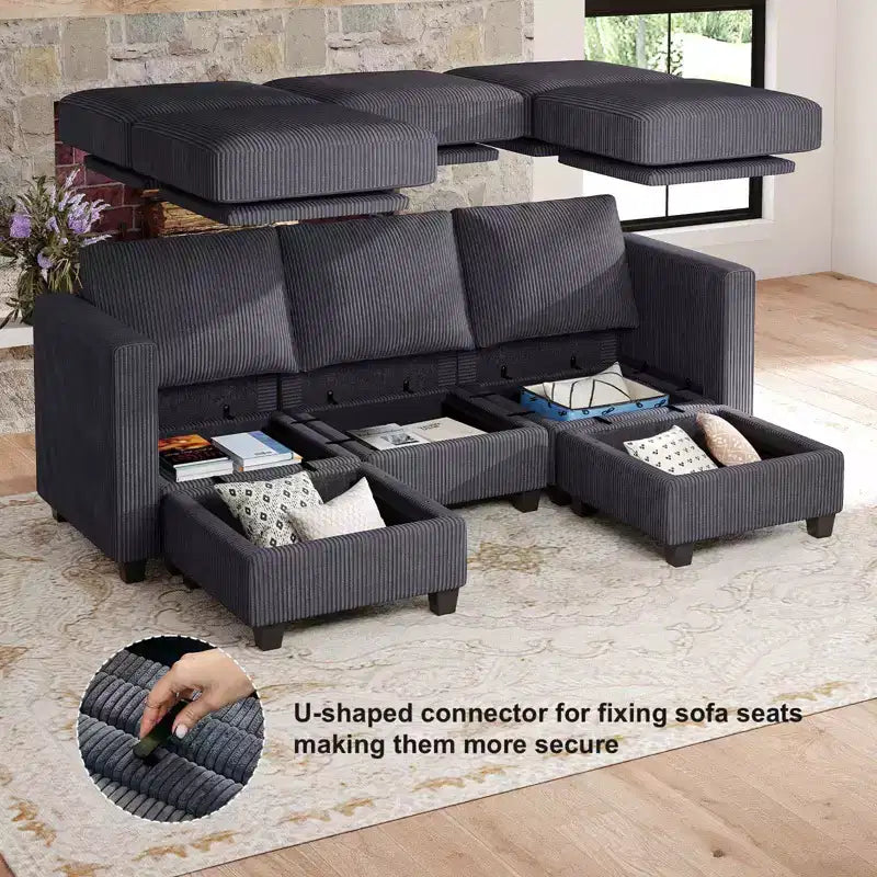 Divano Letto Sezionale Modulare con Pouf Contenitore, Divano Sezionale di Lusso in Velluto a Coste con Chaise Lunga, Divano Sezionale Moderno Convertibile per Soggiorno