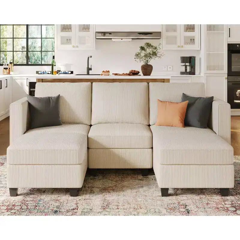 Divano Letto Sezionale Modulare con Pouf Contenitore, Divano Sezionale di Lusso in Velluto a Coste con Chaise Lunga, Divano Sezionale Moderno Convertibile per Soggiorno