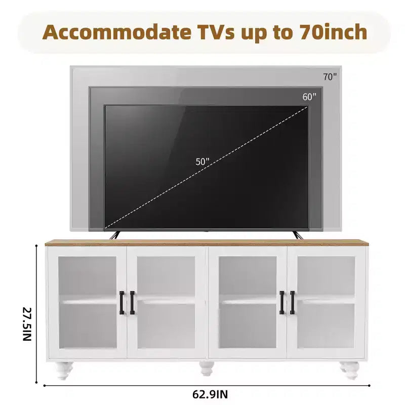 Mobile TV rustico per TV da 70 pollici, Centro di intrattenimento con librerie, Ante in vetro texturizzato, Gambe a zucca