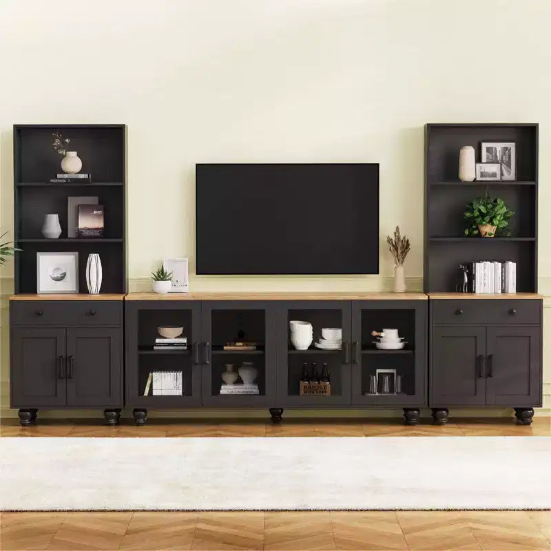 Farmhouse TV Wall Unit for 70 TV, Entertainment Center with Bookshelves, Textured Glass Doors, Gourd Legs