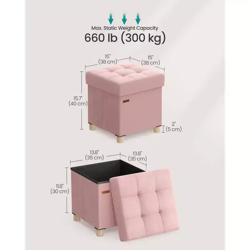 Pouf contenitore piccolo, pouf cubo pieghevole, 38 x 38 x 40 cm, poggiapiedi, poggiagambe, 37 L, superficie in velluto