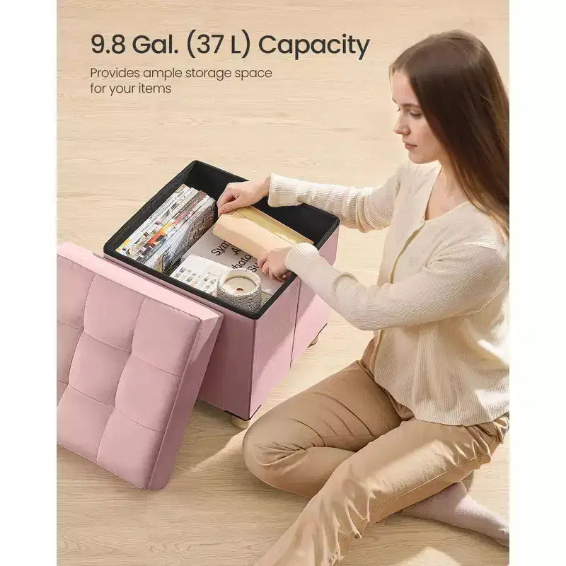 Pouf contenitore piccolo, pouf cubo pieghevole, 38 x 38 x 40 cm, poggiapiedi, poggiagambe, 37 L, superficie in velluto