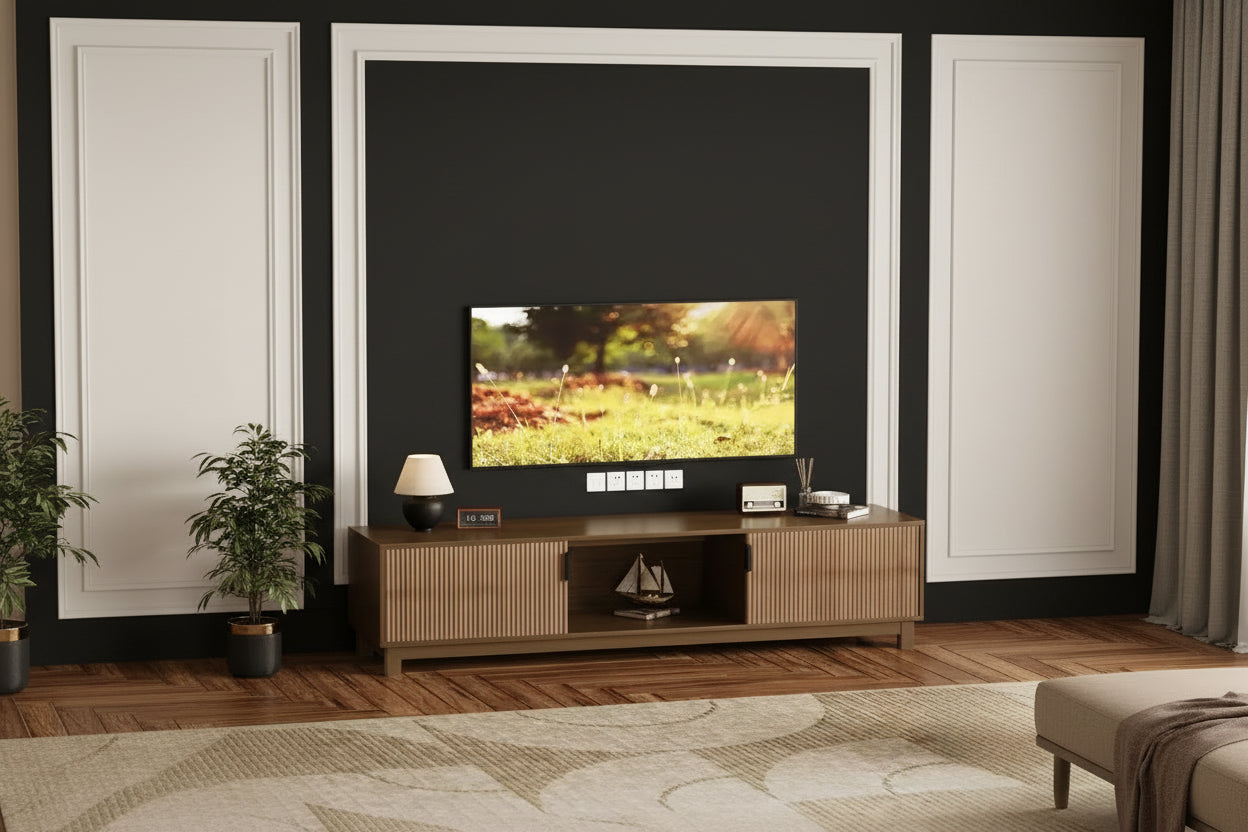 Mid Century Modern Low TV Stand, 70 Long Fluted TV Consoles Table with Open Storage Shelf for Living Room, Wooden Entertainment Center