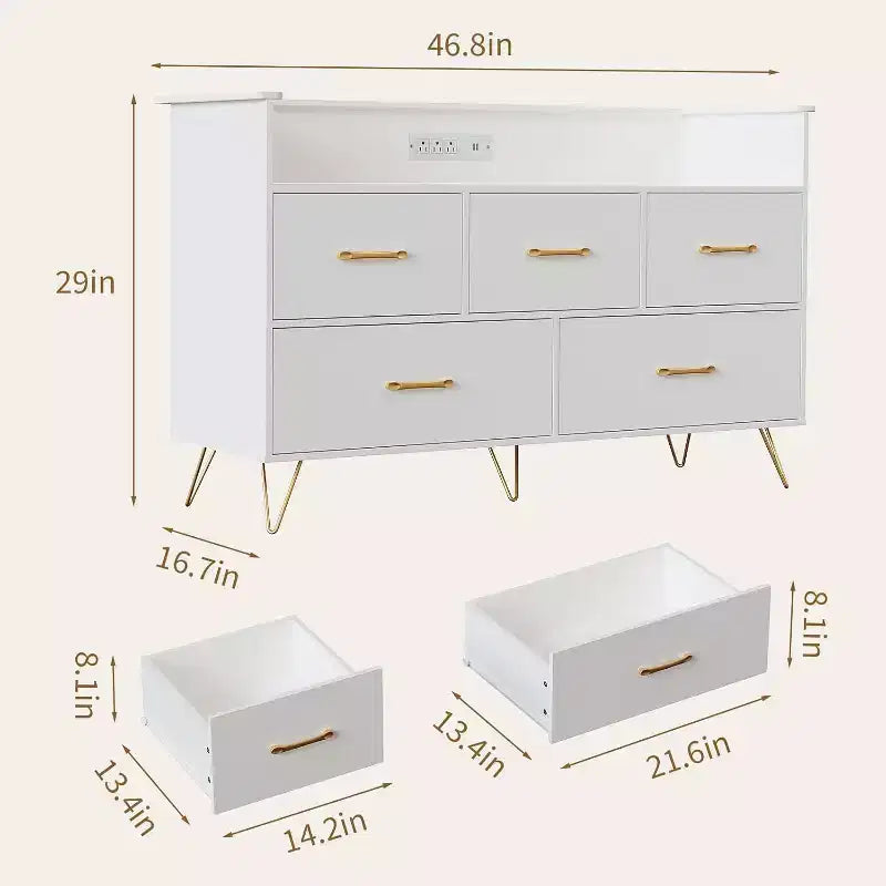 Cassettiera LED con Stazione di Ricarica - Cassettiera Moderna in Legno a 5 Cassetti Larga 120 cm, Organizzatore per Camera da Letto, Cameretta, Corridoio e Appartamenti