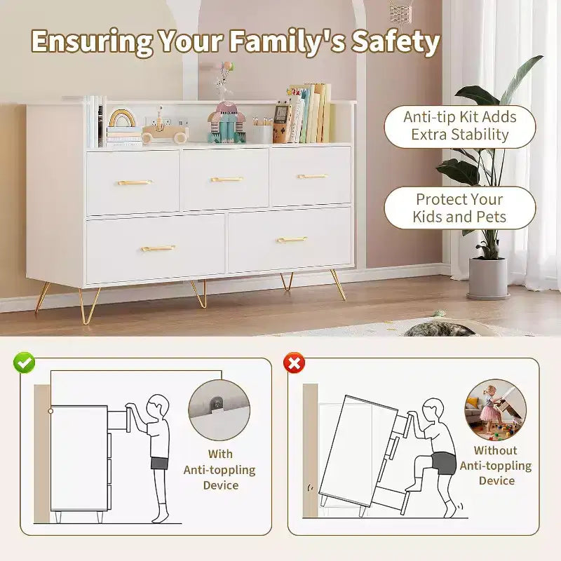 Cassettiera LED con Stazione di Ricarica - Cassettiera Moderna in Legno a 5 Cassetti Larga 120 cm, Organizzatore per Camera da Letto, Cameretta, Corridoio e Appartamenti