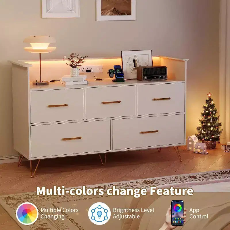 Cassettiera LED con Stazione di Ricarica - Cassettiera Moderna in Legno a 5 Cassetti Larga 120 cm, Organizzatore per Camera da Letto, Cameretta, Corridoio e Appartamenti