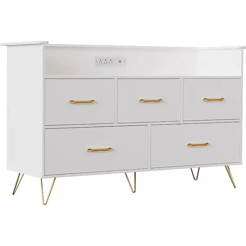Cassettiera LED con Stazione di Ricarica - Cassettiera Moderna in Legno a 5 Cassetti Larga 120 cm, Organizzatore per Camera da Letto, Cameretta, Corridoio e Appartamenti