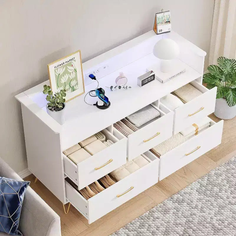 Cassettiera LED con Stazione di Ricarica - Cassettiera Moderna in Legno a 5 Cassetti Larga 120 cm, Organizzatore per Camera da Letto, Cameretta, Corridoio e Appartamenti