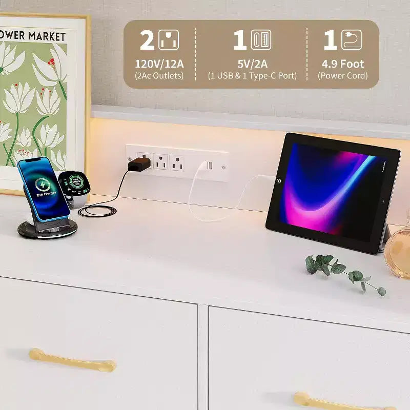 Cassettiera LED con Stazione di Ricarica - Cassettiera Moderna in Legno a 5 Cassetti Larga 120 cm, Organizzatore per Camera da Letto, Cameretta, Corridoio e Appartamenti