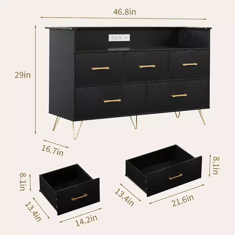 Cassettiera LED con Stazione di Ricarica - Cassettiera Moderna in Legno a 5 Cassetti Larga 120 cm, Organizzatore per Camera da Letto, Cameretta, Corridoio e Appartamenti