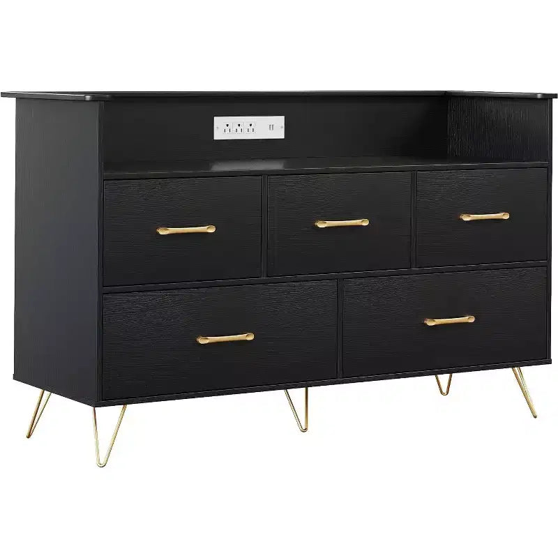 Cassettiera LED con Stazione di Ricarica - Cassettiera Moderna in Legno a 5 Cassetti Larga 120 cm, Organizzatore per Camera da Letto, Cameretta, Corridoio e Appartamenti