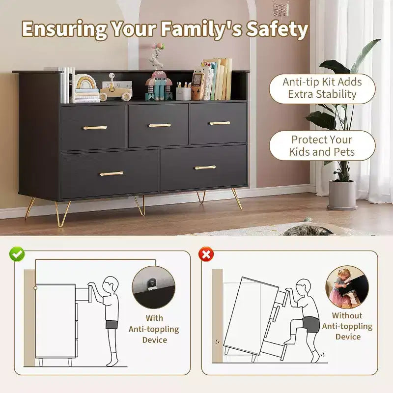Cassettiera LED con Stazione di Ricarica - Cassettiera Moderna in Legno a 5 Cassetti Larga 120 cm, Organizzatore per Camera da Letto, Cameretta, Corridoio e Appartamenti
