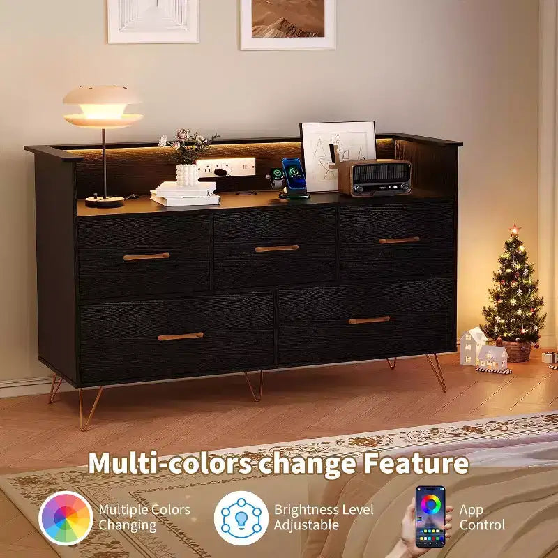 Cassettiera LED con Stazione di Ricarica - Cassettiera Moderna in Legno a 5 Cassetti Larga 120 cm, Organizzatore per Camera da Letto, Cameretta, Corridoio e Appartamenti