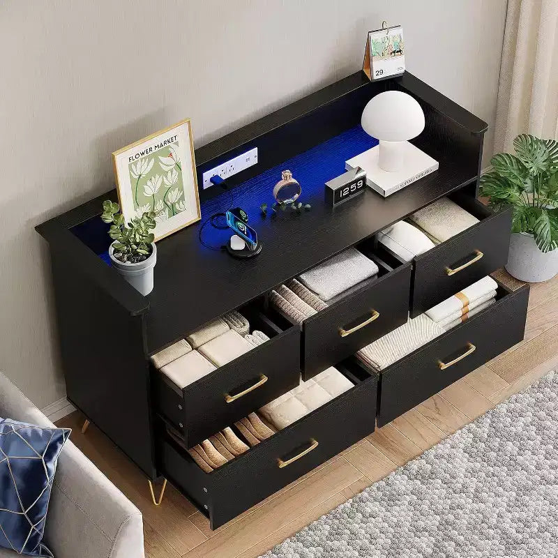 Cassettiera LED con Stazione di Ricarica - Cassettiera Moderna in Legno a 5 Cassetti Larga 120 cm, Organizzatore per Camera da Letto, Cameretta, Corridoio e Appartamenti