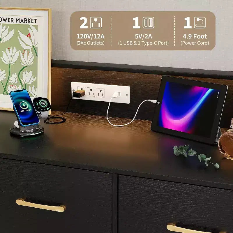 Cassettiera LED con Stazione di Ricarica - Cassettiera Moderna in Legno a 5 Cassetti Larga 120 cm, Organizzatore per Camera da Letto, Cameretta, Corridoio e Appartamenti
