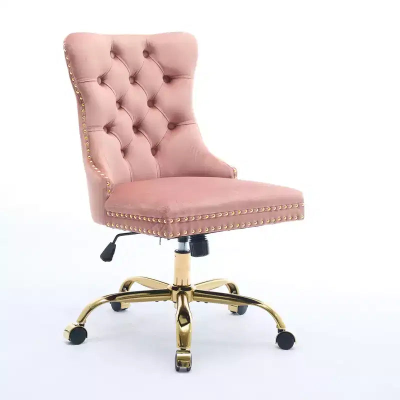 Adjustable Desk Chair Swivel Office Chair, Modern Velvet Upholstered Tufted Button Home Office Chair with Golden Metal Base, Pink