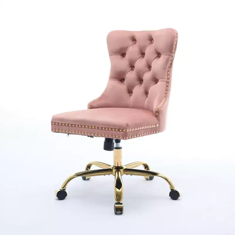 Sedia da scrivania regolabile, sedia da ufficio girevole, sedia da ufficio moderna in velluto imbottita con bottoni trapuntati e base in metallo dorato, rosa