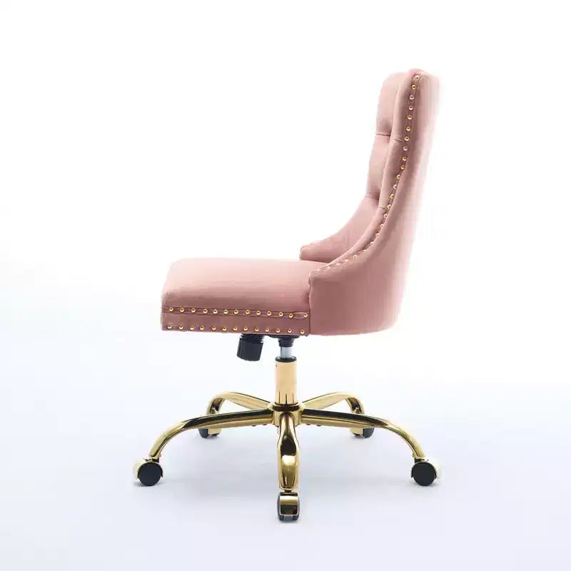 Sedia da scrivania regolabile, sedia da ufficio girevole, sedia da ufficio moderna in velluto imbottita con bottoni trapuntati e base in metallo dorato, rosa