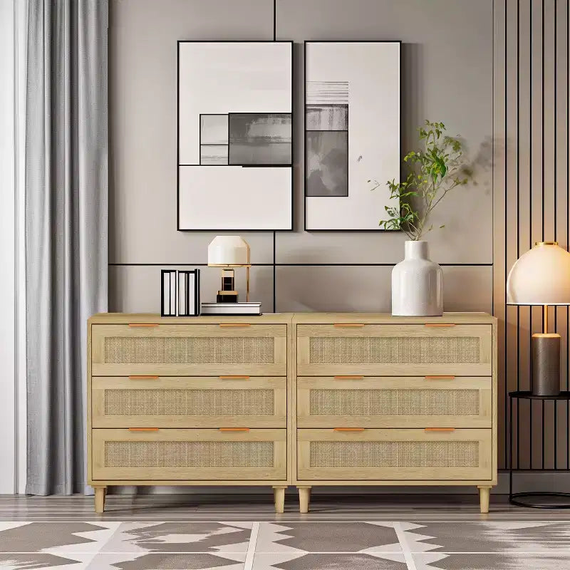 JVNOXKModern Rattan Storage Cabinet Set (2-Piece), Rattan Dressing Table with Three Deep Drawers, Suitable for Bedroom or Living Room, Oak