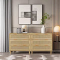 JVNOXKModern Rattan Storage Cabinet Set (2-Piece), Rattan Dressing Table with Three Deep Drawers, Suitable for Bedroom or Living Room, Oak