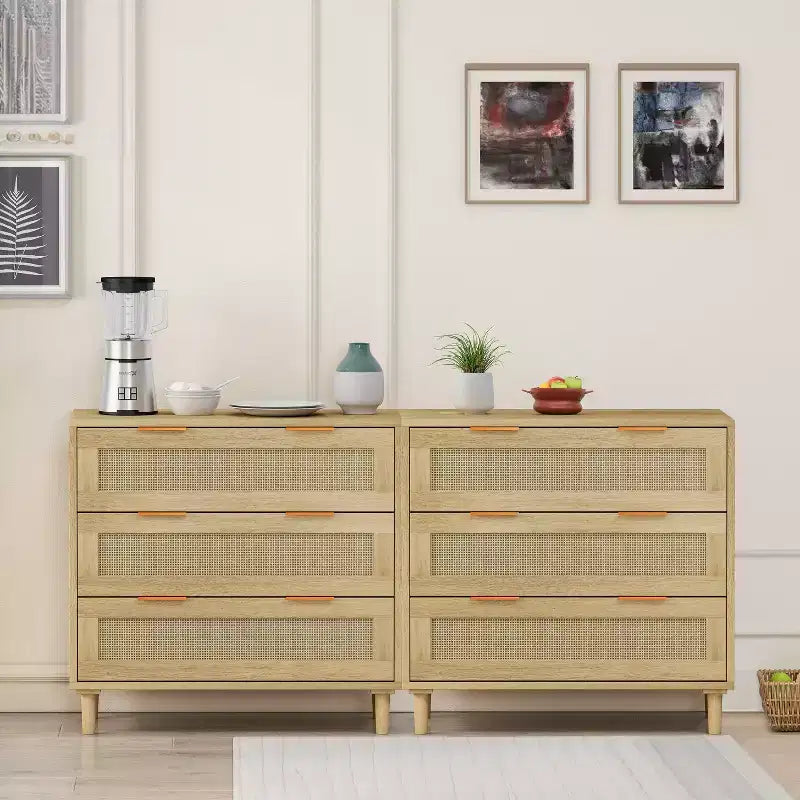 Set moderno di mobili contenitori in rattan (2 pezzi), toletta in rattan con tre cassetti profondi, adatti per camera da letto o soggiorno, rovere