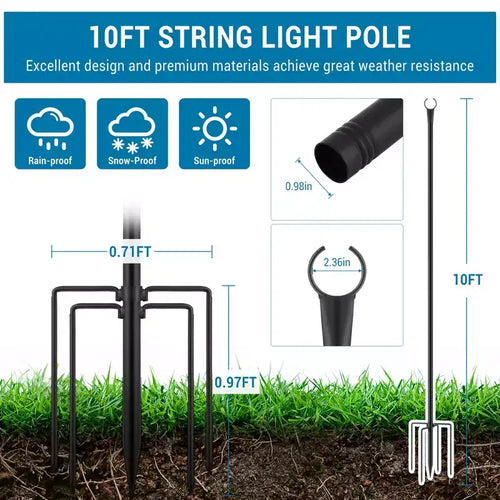 Pali per luci a stringa da esterno da 10FT, Pali in metallo robusto con base a 5 rebbi per appendere luci a stringa, Pali alti per giardino