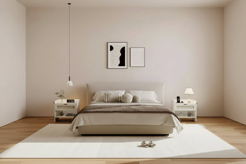 Acekool Comodino in Rattan con Porta Type C, Tavolino da Notte con Cassetto e Ripiano Aperto, Set di 2 Tavolini Laterali Boho