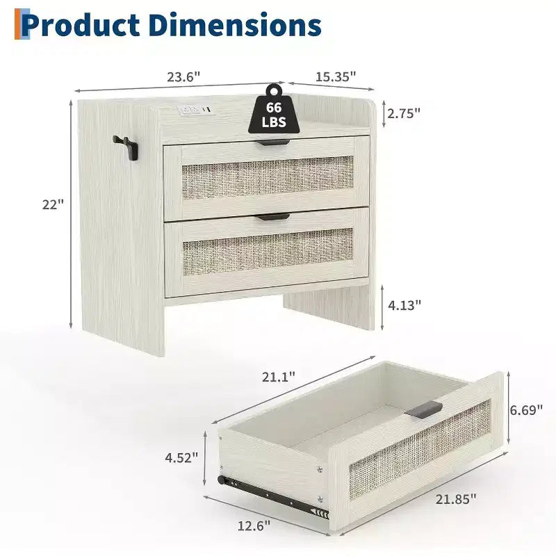 Acekool Comodino in Rattan con Stazione di Ricarica, Comodino Bohemien con 2 Cassetti, Porta Tipo C e USB